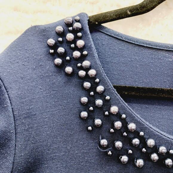 Blouse Size 1X Navy Pearl Beaded Office Siren Quiet Luxury Casual Chic Romantic - Picture 5 of 15